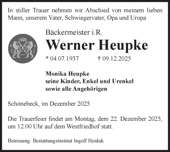 Traueranzeige von Werner Heupke von Volksstimme Schönebeck