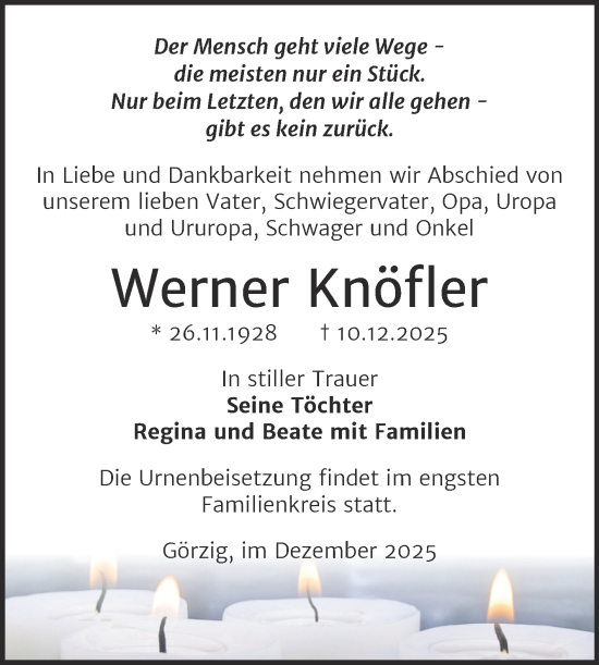 Traueranzeige von Werner Knöfler von Trauerkombi Köthen
