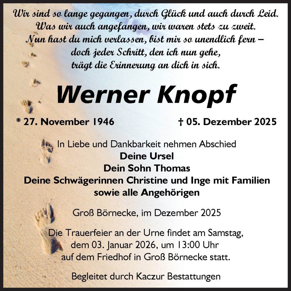 Traueranzeige für Werner Knopf vom 13.12.2025 aus Volksstimme Staßfurt