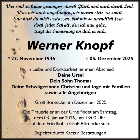 Traueranzeige von Werner Knopf von Volksstimme Staßfurt