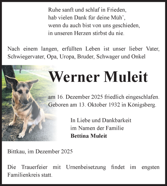 Traueranzeige von Werner Muleit von Volksstimme Altmark Ost