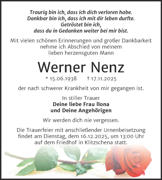 Traueranzeige von Werner Nenz von Trauerkombi Wittenberg