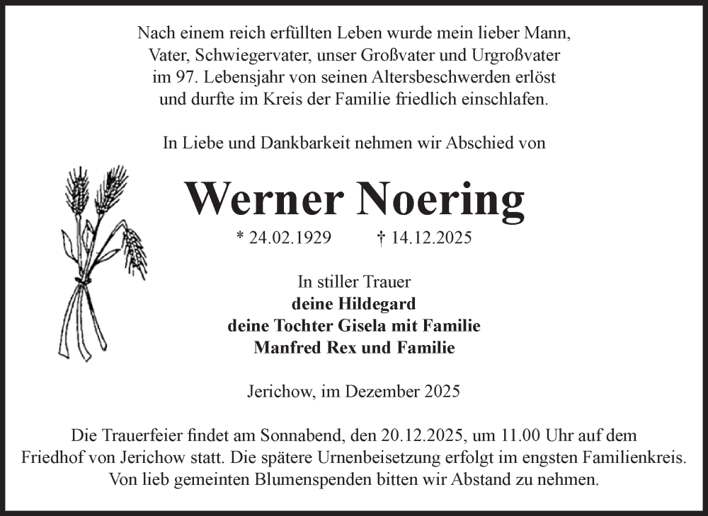  Traueranzeige für Werner Noering vom 17.12.2025 aus Volksstimme Burg/Genthin