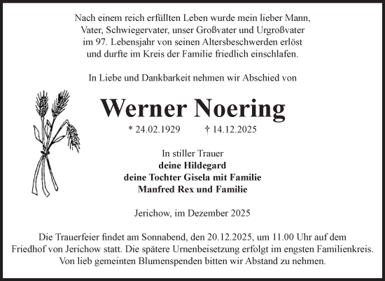 Traueranzeige von Werner Noering von Volksstimme Burg/Genthin