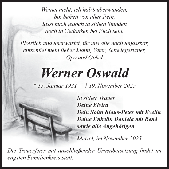 Traueranzeige von Werner Oswald von Volksstimme Burg/Genthin
