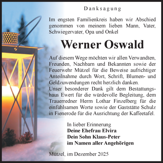 Traueranzeige von Werner Oswald von Volksstimme Burg/Genthin