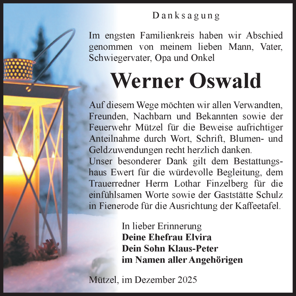  Traueranzeige für Werner Oswald vom 20.12.2025 aus Volksstimme Burg/Genthin