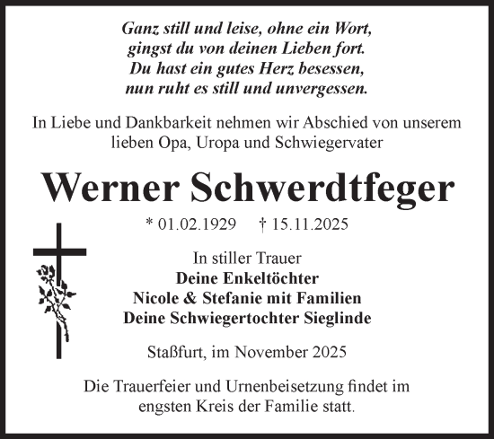 Traueranzeige von Werner Schwerdtfeger von Volksstimme Staßfurt
