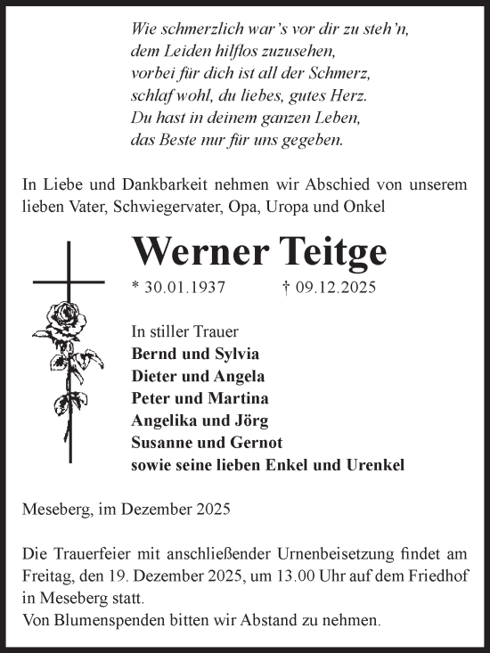 Traueranzeige von Werner Teitge von Volksstimme Altmark Ost
