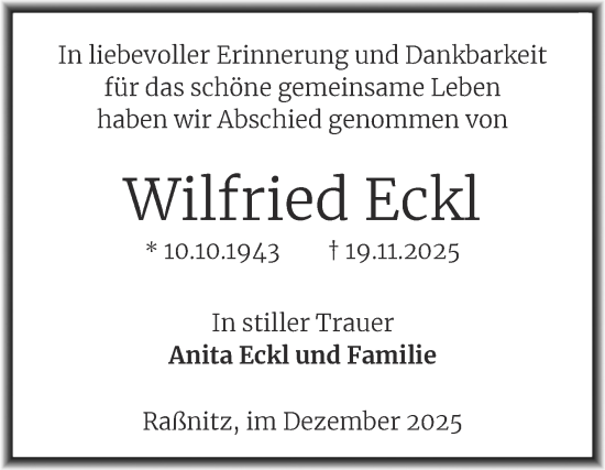 Traueranzeige von Wilfried Eckl von Trauerkombi Merseburg