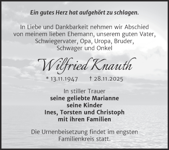 Traueranzeige von Wilfried Knauth von Trauerkombi Quedlinburg