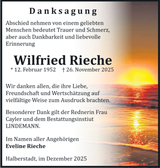 Traueranzeige von Wilfried Rieche von Volksstimme Halberstadt