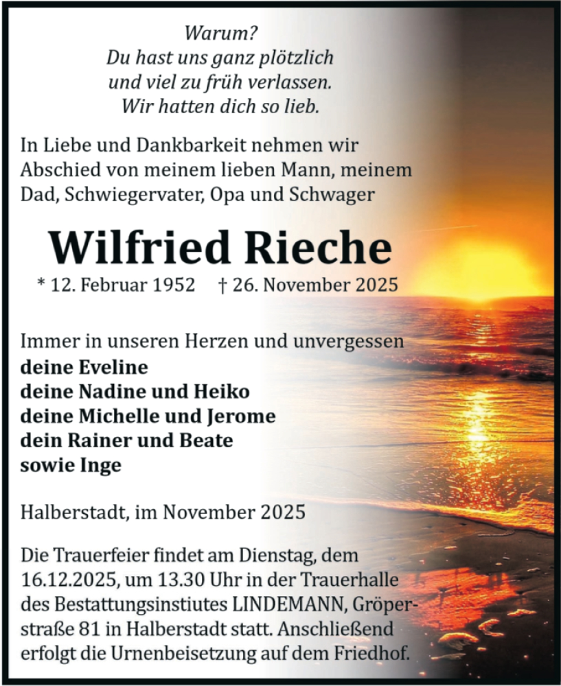  Traueranzeige für Wilfried Rieche vom 06.12.2025 aus Volksstimme Halberstadt
