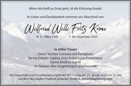 Traueranzeige von Wilfried Willi Fritz Krone von Volksstimme Magdeburg