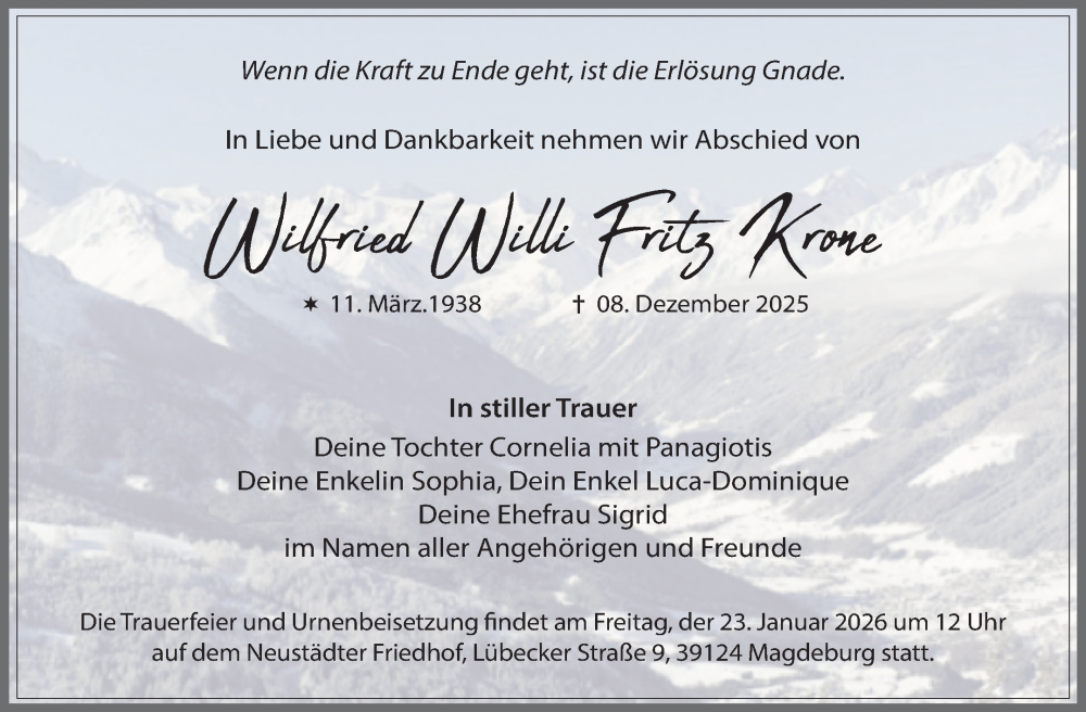 Traueranzeige für Wilfried Willi Fritz Krone vom 27.12.2025 aus Volksstimme Magdeburg