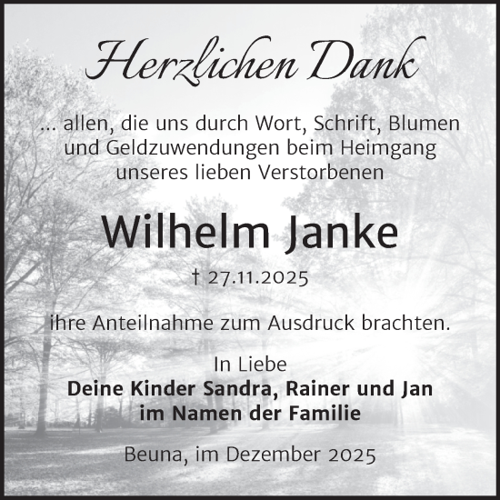 Traueranzeige von Wilhelm Janke von Trauerkombi Merseburg