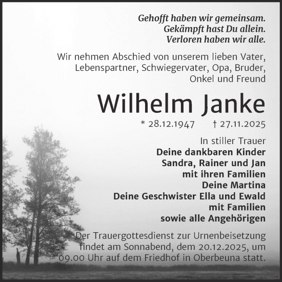 Traueranzeige von Wilhelm Janke von Trauerkombi Merseburg