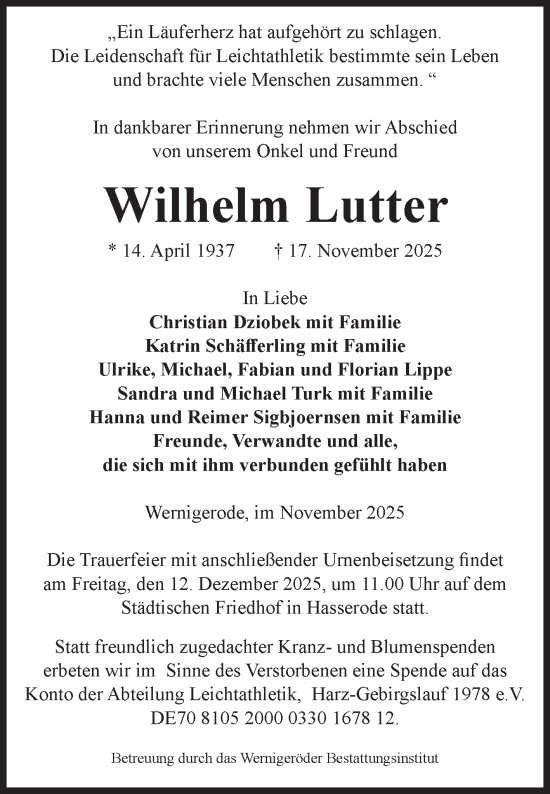 Traueranzeige von Wilhelm Lutter von Volksstimme Wernigerode