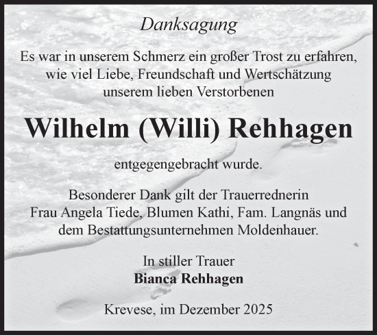 Traueranzeige von Wilhelm Rehhagen von Volksstimme Altmark Ost
