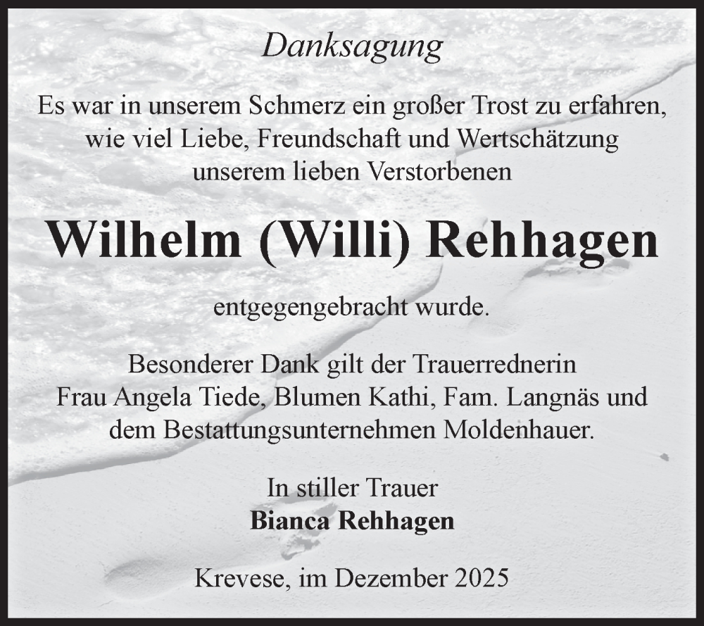  Traueranzeige für Wilhelm Rehhagen vom 13.12.2025 aus Volksstimme Altmark Ost