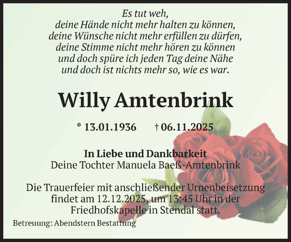  Traueranzeige für Willy Amtenbrink vom 29.11.2025 aus Volksstimme Altmark Ost