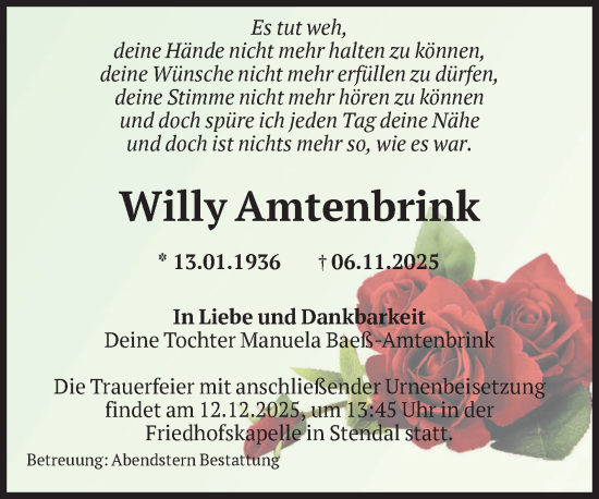 Traueranzeige von Willy Amtenbrink von Volksstimme Altmark Ost