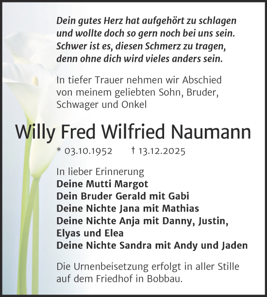 Traueranzeige von Willy Fred Wilfried Naumann von Trauerkombi Bitterfeld
