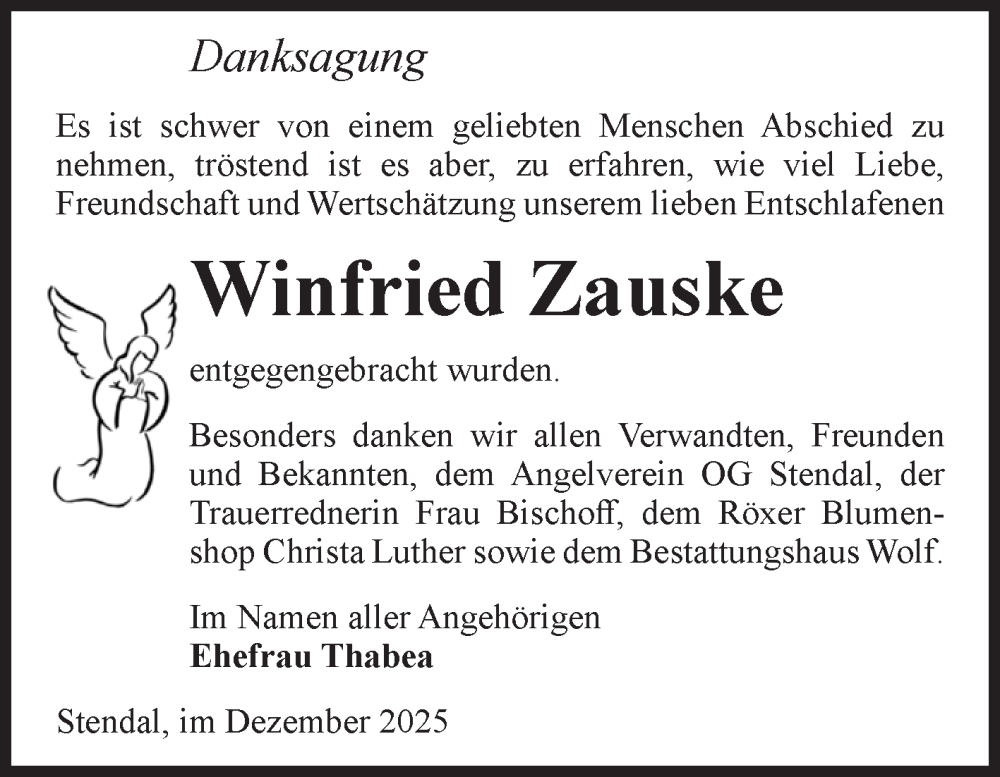  Traueranzeige für Winfried Zauske vom 27.12.2025 aus Volksstimme Altmark Ost