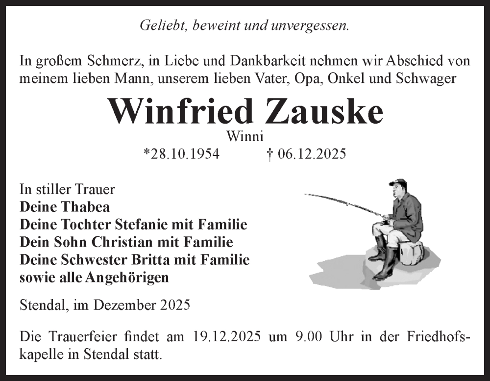  Traueranzeige für Winfried Zauske vom 13.12.2025 aus Volksstimme Altmark Ost
