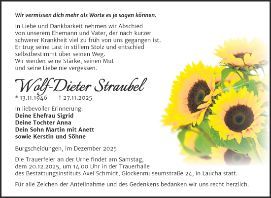 Traueranzeige von Wolf-Dieter Straubel von Super Sonntag Naumburg/Nebra