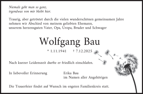 Traueranzeige von Wolfgang Bau von Trauerkombi Köthen
