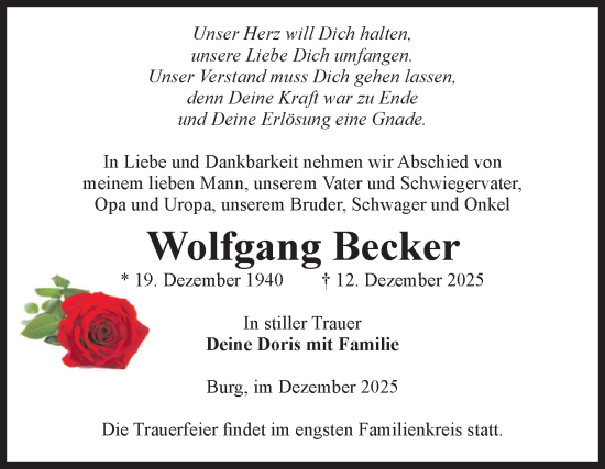 Traueranzeige von Wolfgang Becker von Volksstimme Burg/Genthin