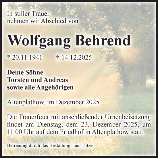 Traueranzeige von Wolfgang Behrend von Volksstimme Burg/Genthin