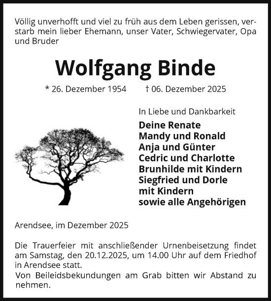Traueranzeige von Wolfgang Binde von Volksstimme Altmark West