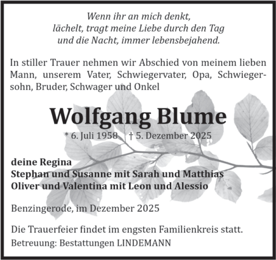 Traueranzeige von Wolfgang Blume von Volksstimme Wernigerode