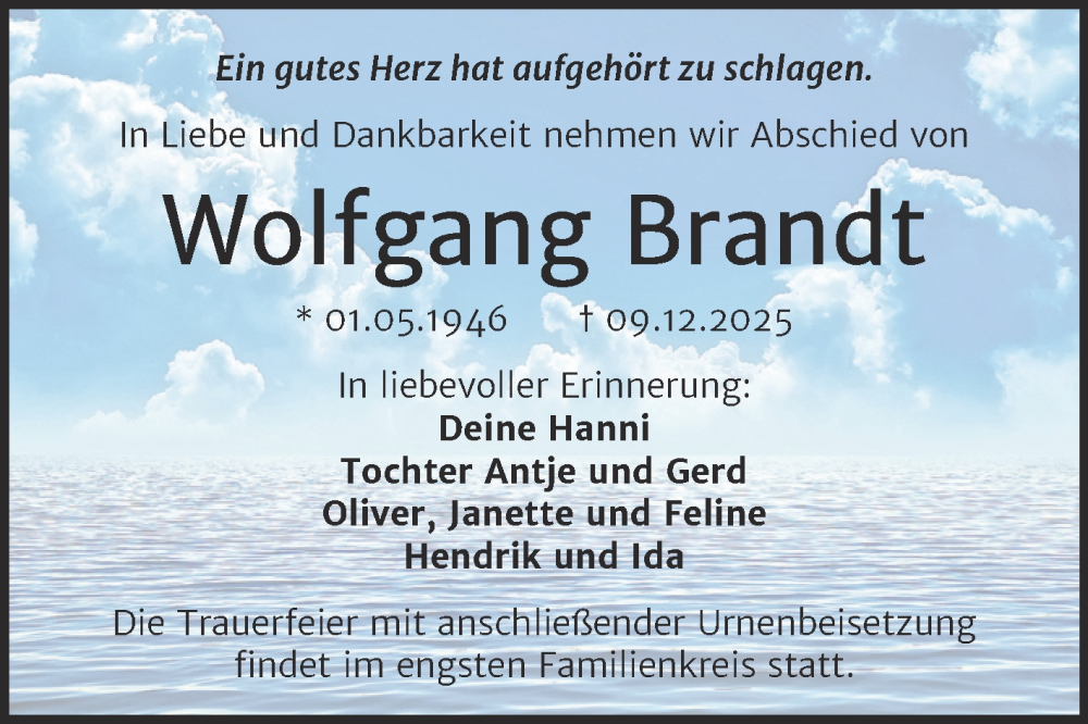  Traueranzeige für Wolfgang Brandt vom 20.12.2025 aus Trauerkombi Quedlinburg