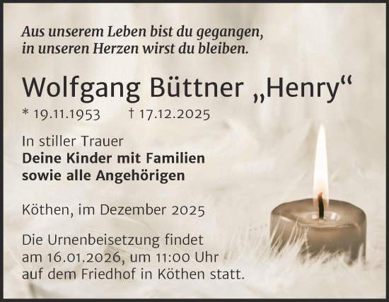 Traueranzeige von Wolfgang Büttner von Trauerkombi Köthen