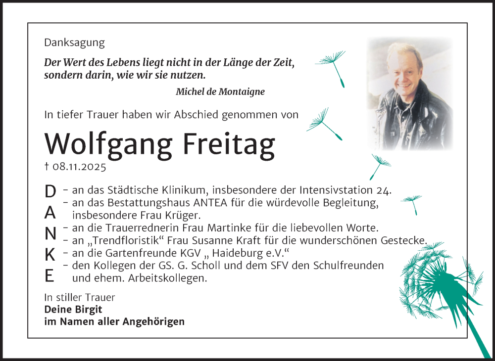  Traueranzeige für Wolfgang Freitag vom 13.12.2025 aus Trauerkombi Dessau