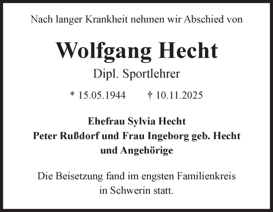 Traueranzeige von Wolfgang Hecht von Volksstimme Magdeburg