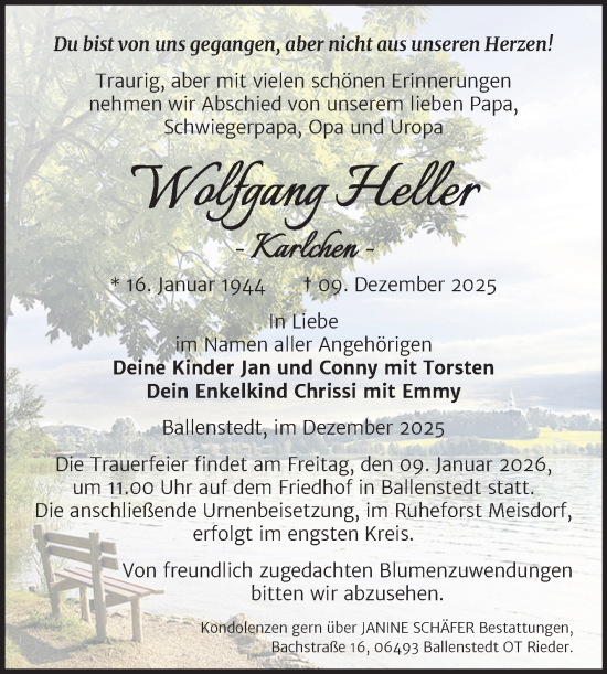 Traueranzeige von Wolfgang Heller von Trauerkombi Quedlinburg