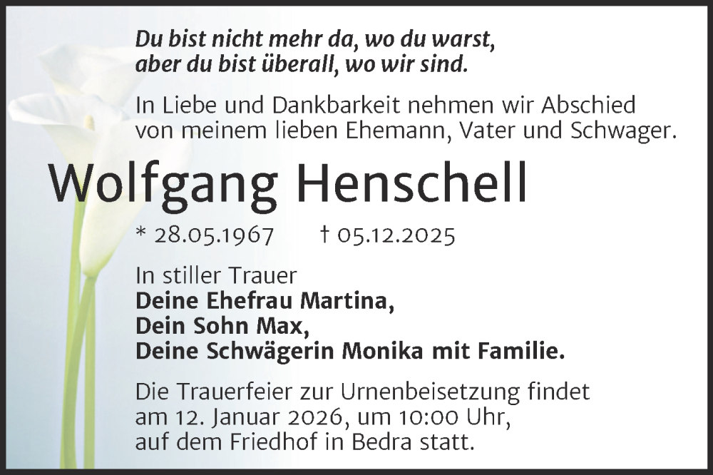  Traueranzeige für Wolfgang Henschell vom 20.12.2025 aus Trauerkombi Merseburg