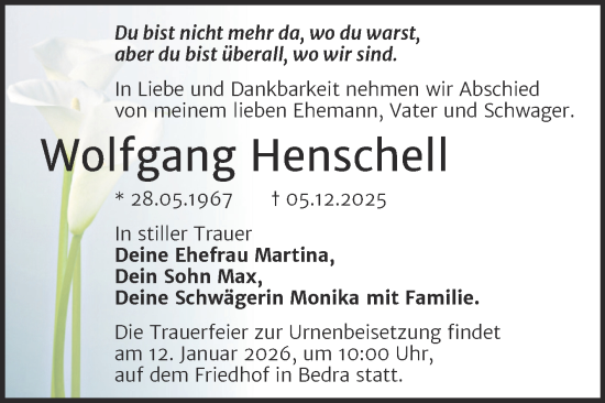 Traueranzeige von Wolfgang Henschell von Trauerkombi Merseburg