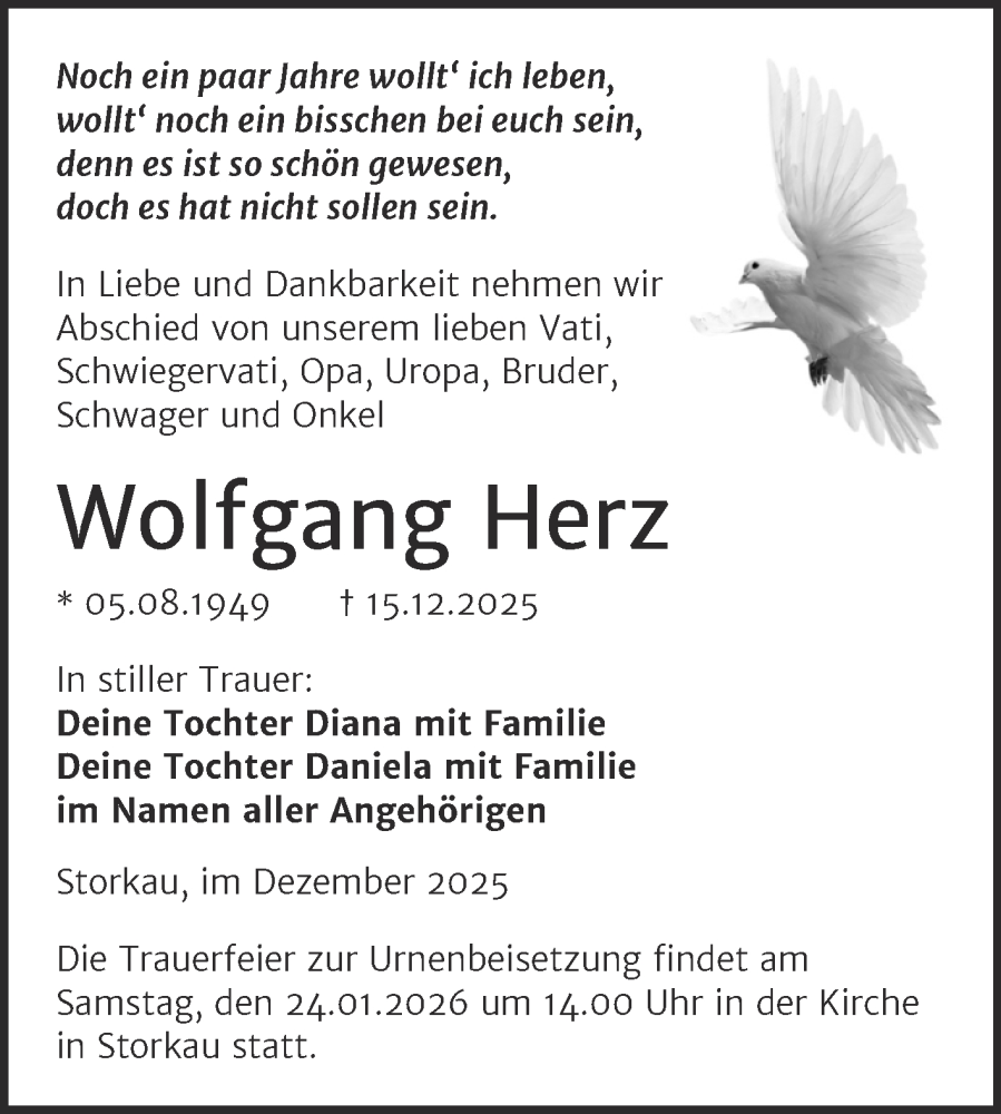  Traueranzeige für Wolfgang Herz vom 27.12.2025 aus Trauerkombi Weißenfels