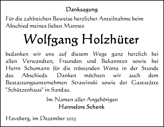 Traueranzeige von Wolfgang Holzhüter von Volksstimme Altmark Ost