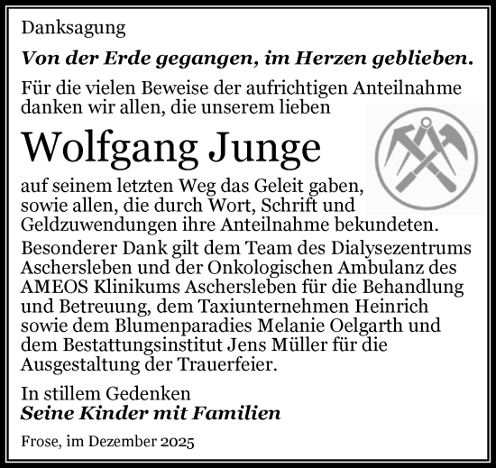 Traueranzeige von Wolfgang Junge von Trauerkombi Aschersleben
