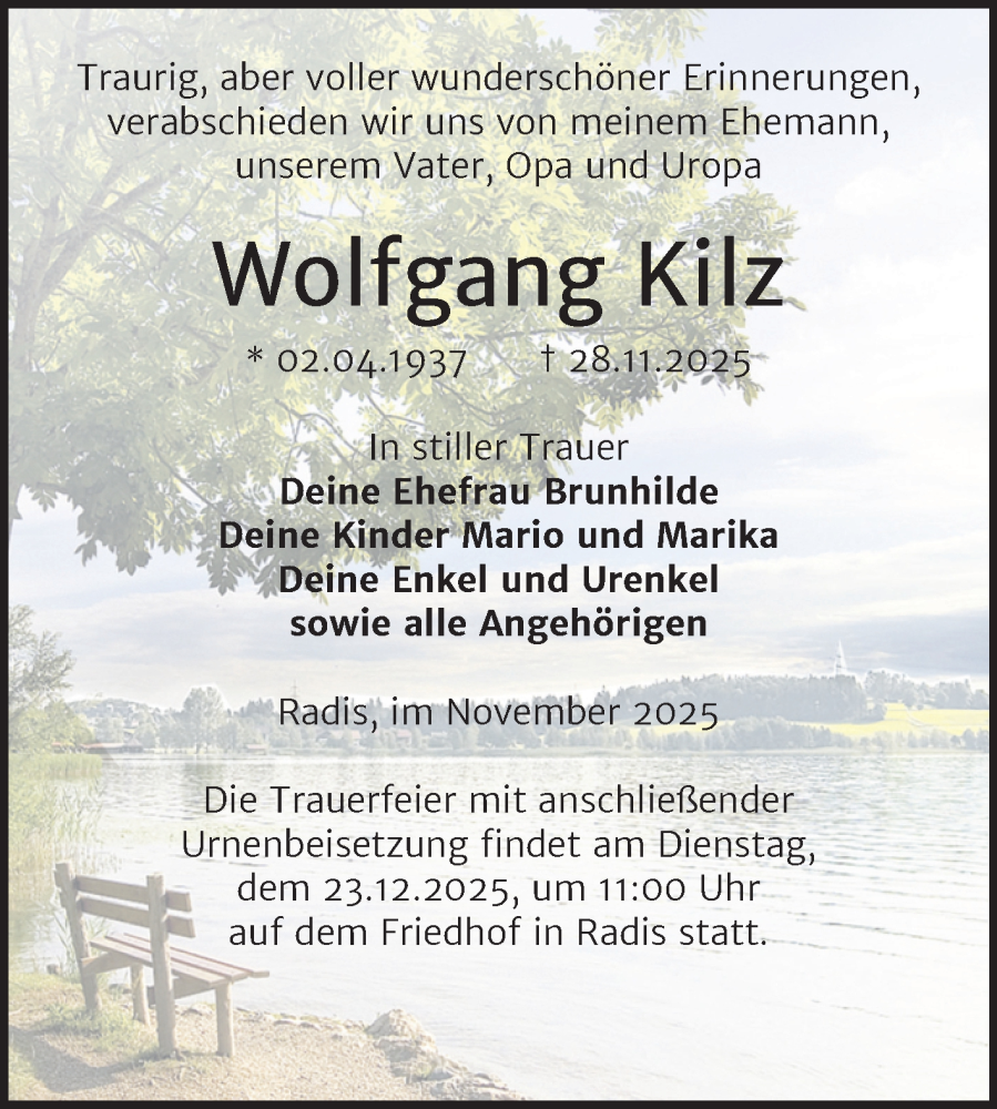  Traueranzeige für Wolfgang Kilz vom 13.12.2025 aus Trauerkombi Wittenberg