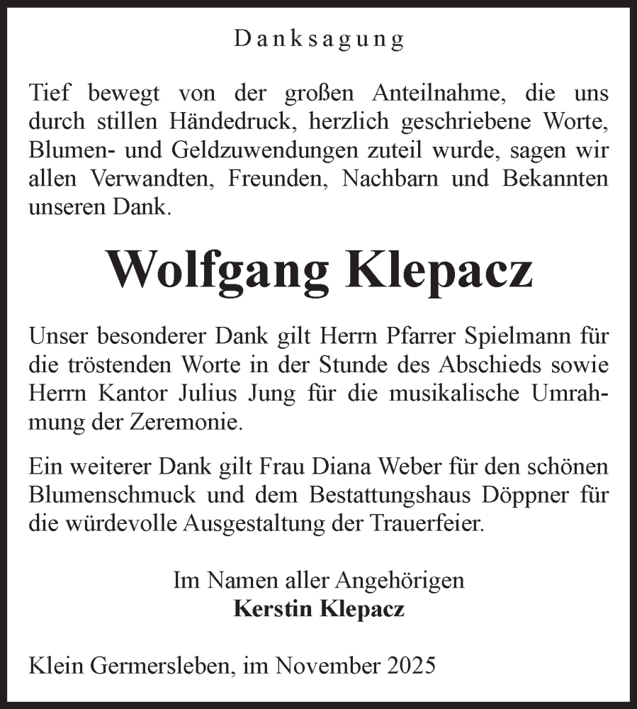  Traueranzeige für Wolfgang Klepacz vom 29.11.2025 aus Volksstimme Oschersleben/Wanzleben
