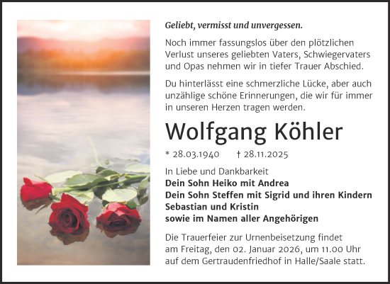Traueranzeige von Wolfgang Köhler von Trauerkombi Merseburg