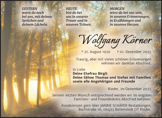 Traueranzeige von Wolfgang Körner von Trauerkombi Quedlinburg