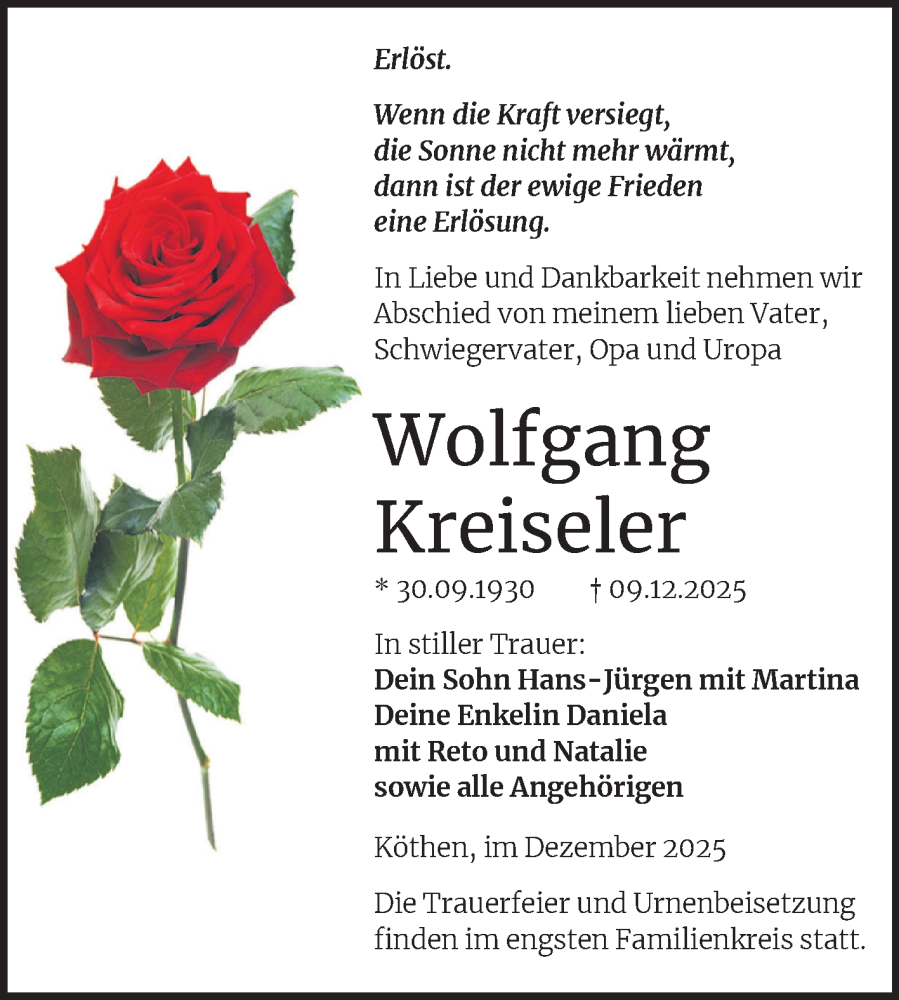  Traueranzeige für Wolfgang Kreiseler vom 19.12.2025 aus Trauerkombi Köthen